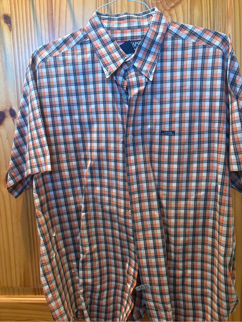 Chaps Orange, Blue & White Plaid Short Sleeve Button-Down Shirt